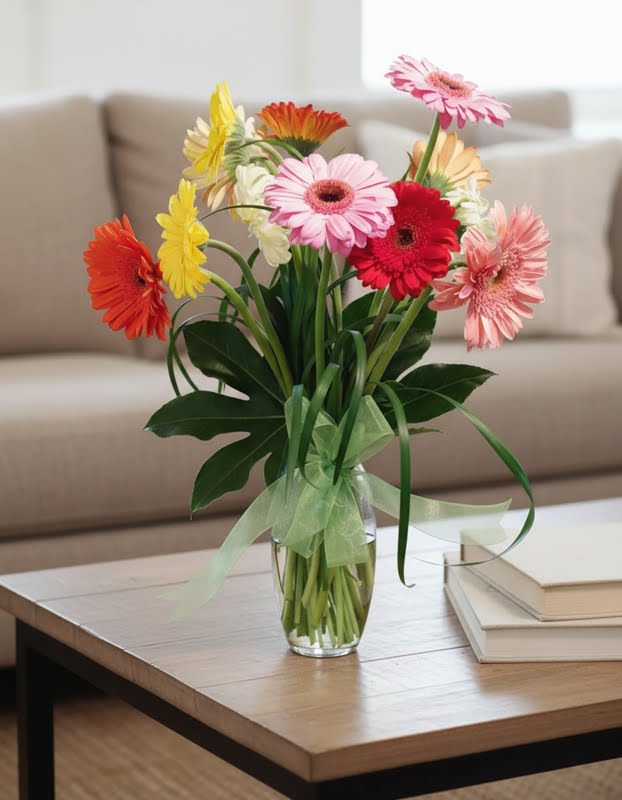 Dozen Gerbera Daisies - This design is a twist on the traditional dozen roses... we gather 12 gerber daisies in assorted colors, accent them with foliage and grasses and tie with a ribbon.