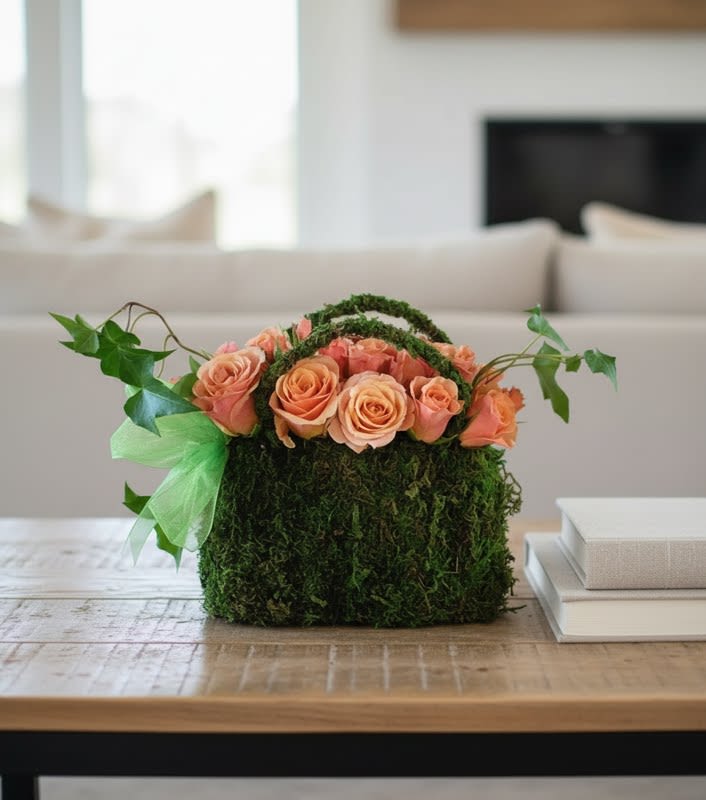 Granny White Moss Purse - Named after a well known street in the South of Nashville.. Granny White features a mossed "purse" tucked overflowing with the sweetest lil peachy pink spray roses and accented with a ribbon.