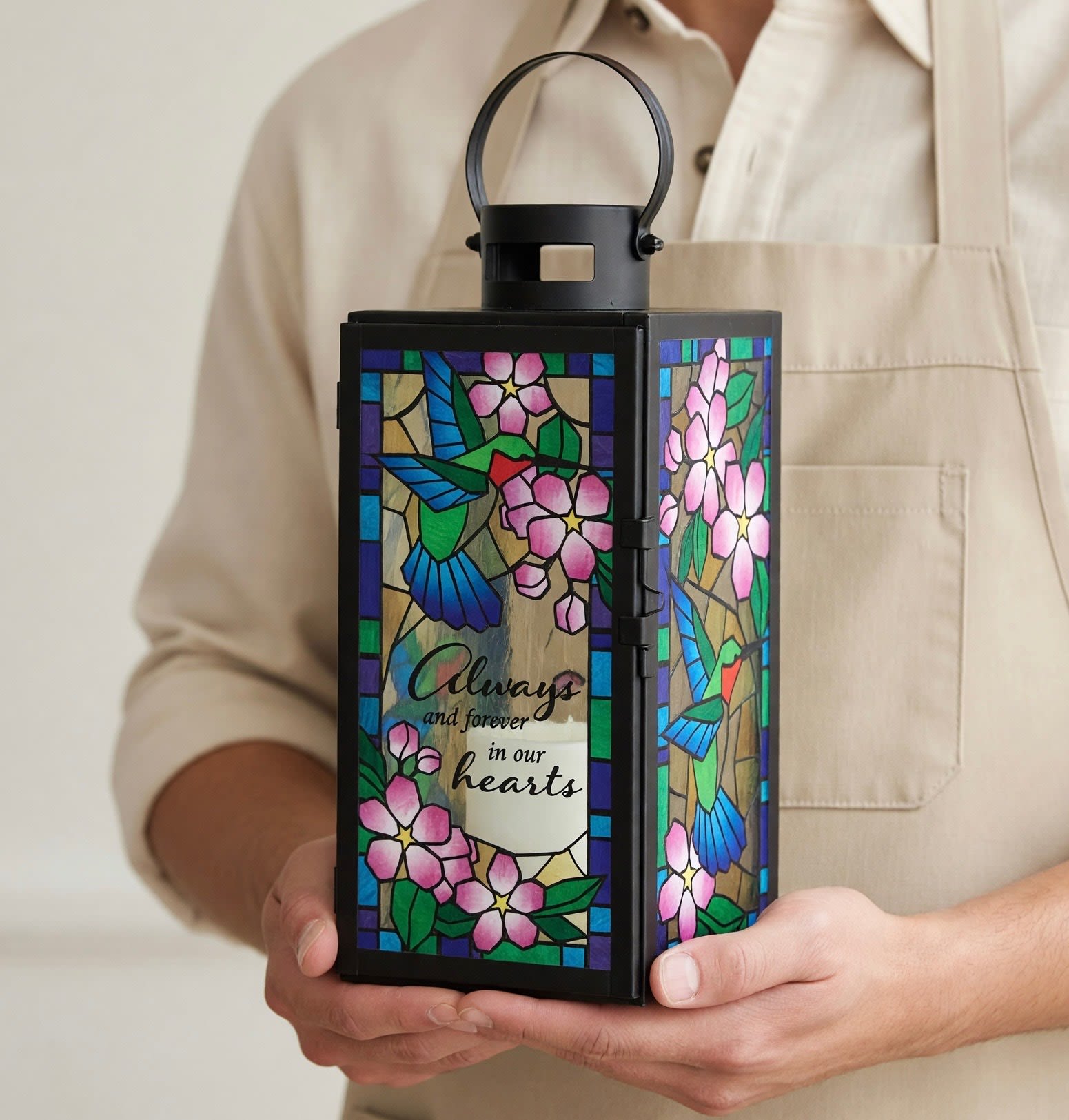 Memorial Lantern "Always and Forever" Stained Glass - "Always and Forever" Stained Glass Lantern..Our stained glass lanterns are made with high-quality black finish. They come inscribed with sentimental quotes amid beautiful stained glass style artwork and a charming flameless LED candle. 