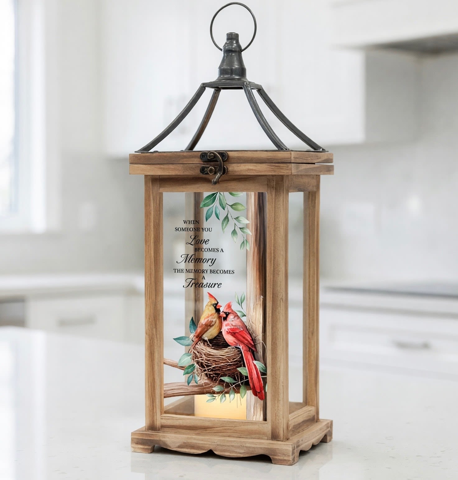 Memorial Lantern "Love becomes a Memory" Cardinal Nest - Illuminate your space with the "Memory a Treasure" Lantern. "When someone you love becomes a memory, the memory becomes a treasure."  Featured with a pair of nesting cardinals. Lantern with LED Candle.  6 hours on, 18 off.  Batteries are included. 
