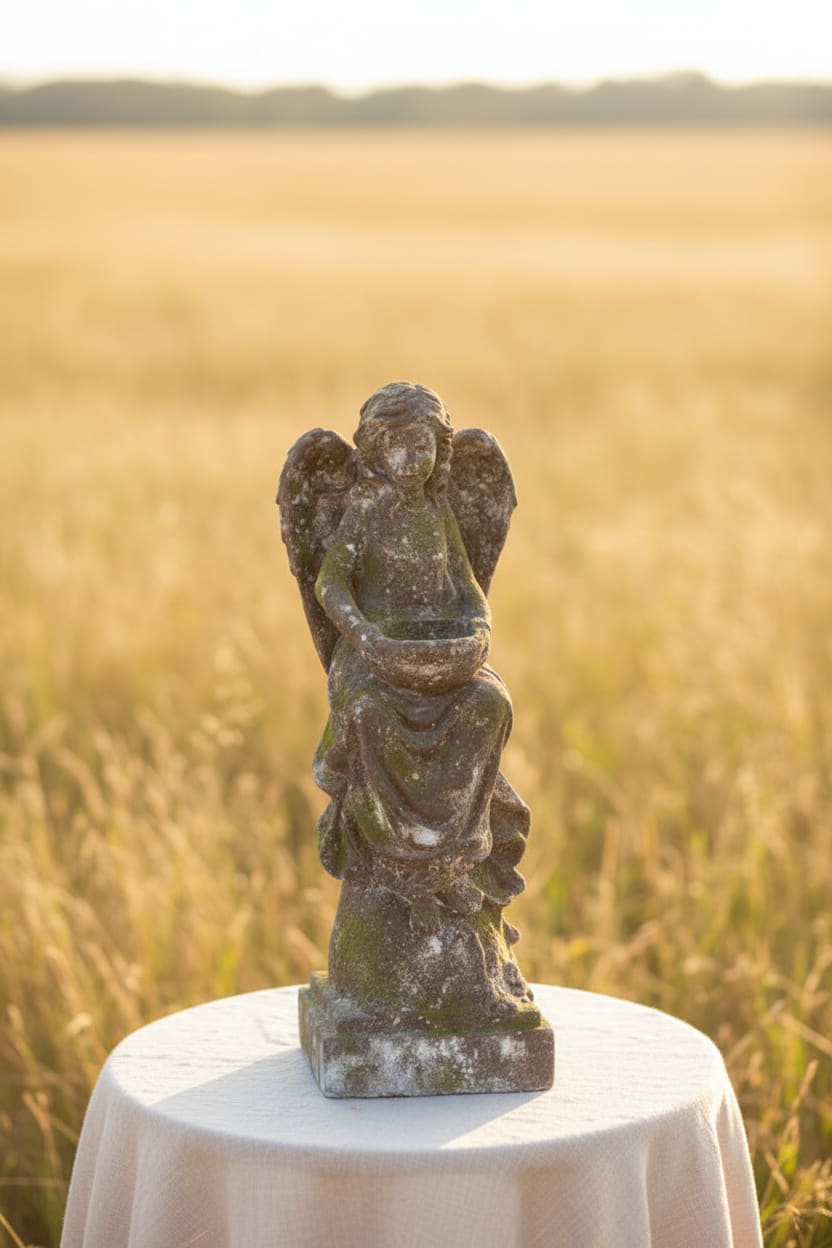 Faux Concrete Garden Angel - This faux concrete garden angel brings a peaceful, graceful presence to your home. With textured wings and a weathered finish, it looks like a beloved piece that has stood quietly in a garden for years. The carved details and soft color create a comforting accent for entryways, reading nooks, or covered outdoor spaces.  11" x 14" x 32"t Additional Measurements Bowl opening: 4" x 3.25" x 1.25"t 