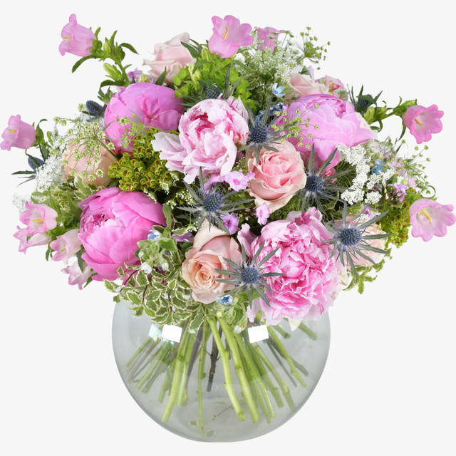  wonderful bouquet - A wild and wonderful bouquet reminiscent of endless summer days and strolling through flower meadows. We’ve included our favourite pink peonies – full and blushing – as well as spectacular campanula, thistles, roses and delicate phlox.