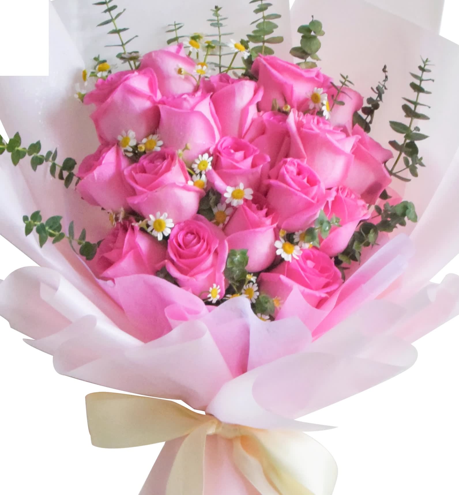  Pink Roses presentation Bouquet - 18 Pink Roses Bouquet  Enjoy the classic beauty of the rose with a playful twist in our Long Stem Pink Rose Bouquet. 