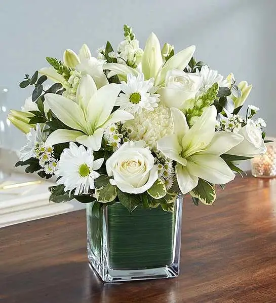 Healing Tears All White - There is an innocence to all souls that is evoked in an expression of pure white. Our sympathy arrangement of angelic white roses, lilies, mums, daisy poms and more, expertly arranged in a clear glass cube lined with a Ti leaf ribbon, makes for an exquisite gesture of comfort and healing