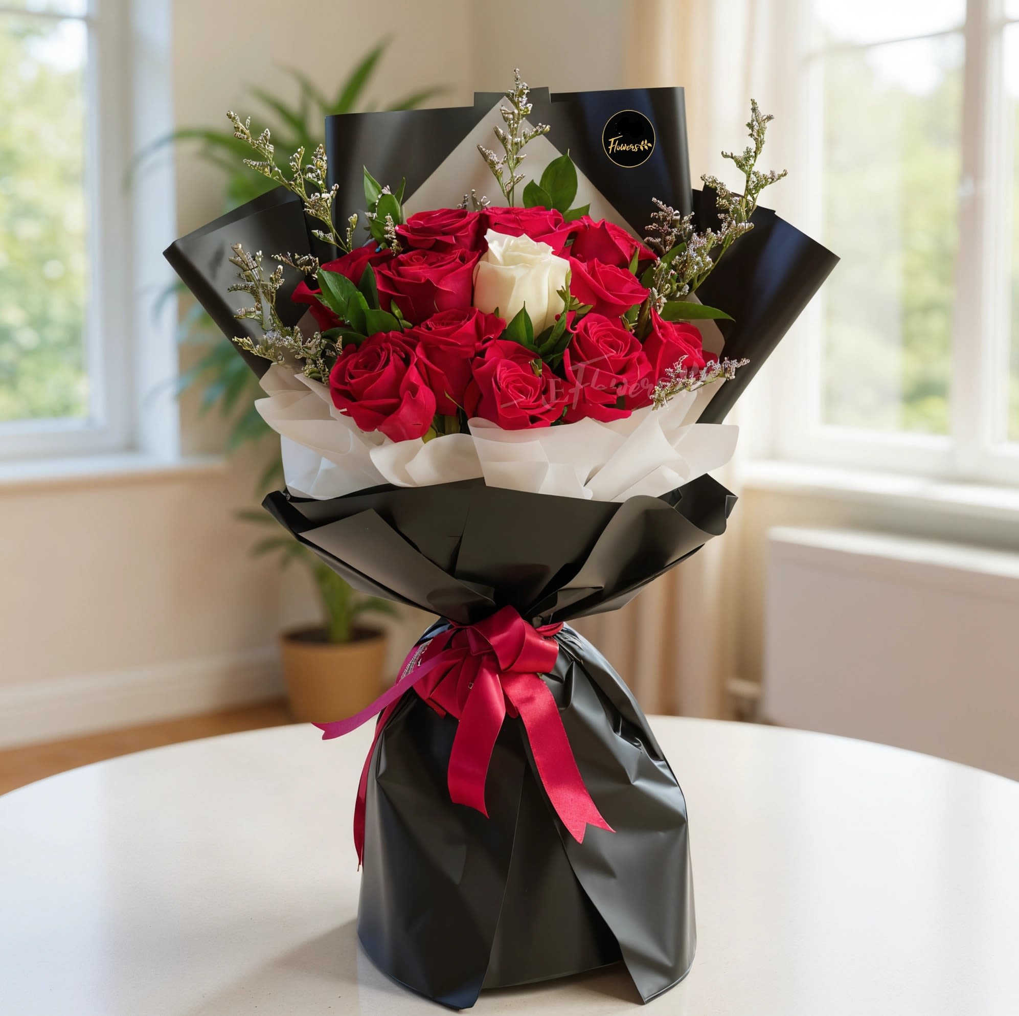 Bouquet of red and white roses wrapped in black paper with a pink ribbon