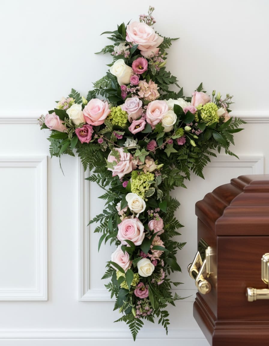 Blessings Funeral Cross - A graceful expression of faith, love, and remembrance. The Blessings floral cross is a beautiful tribute, symbolizing peace and eternal rest. Thoughtfully arranged with seasonal blooms, it can be customized in a variety of color palettes to reflect your loved one’s spirit or favorite hues.