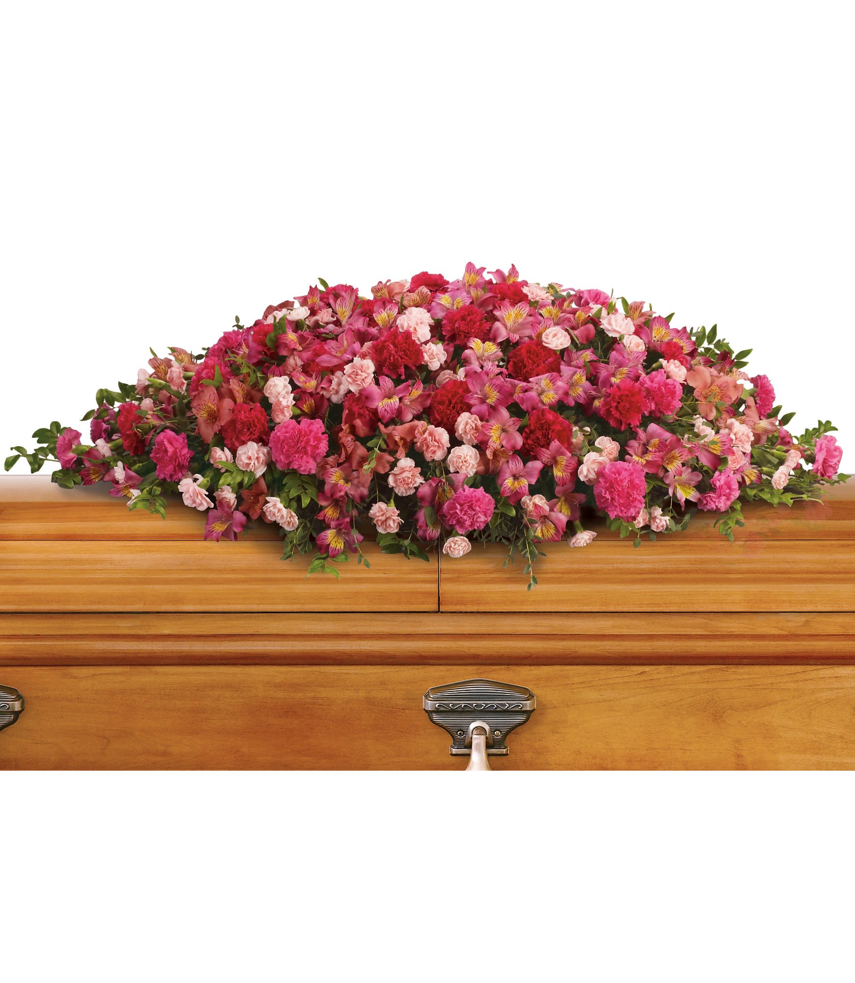 Pink and red floral casket spray with mixed blooms