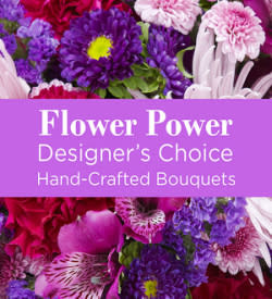 Purple and pink mixed flowers with a text banner reading Flower Power