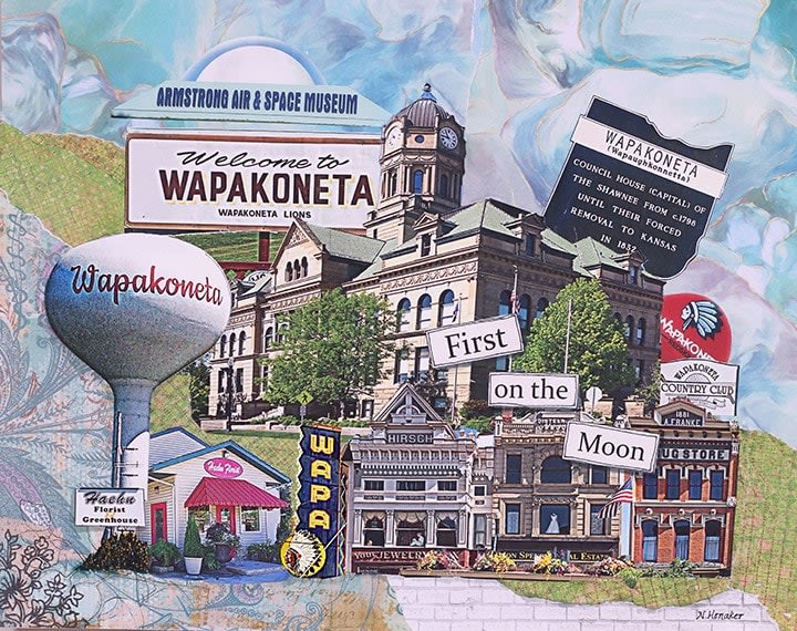 Collage of Wapakoneta landmarks and signs, including a water tower and courthouse.