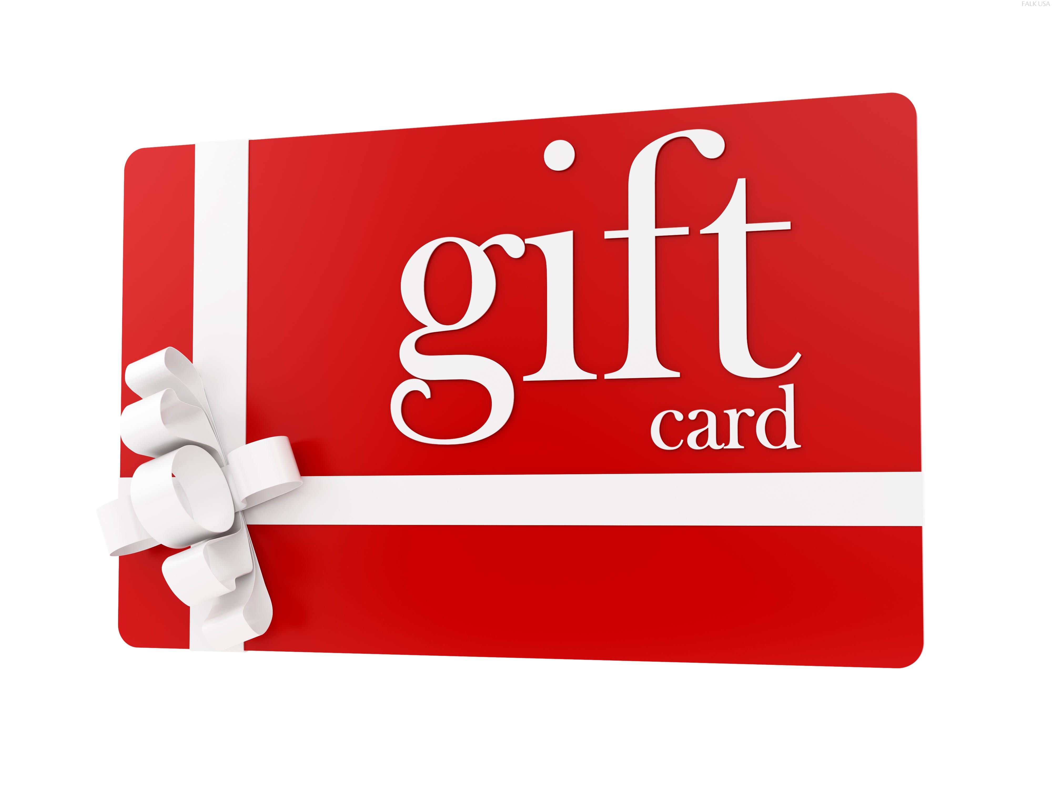 Red gift card with a white ribbon and bow