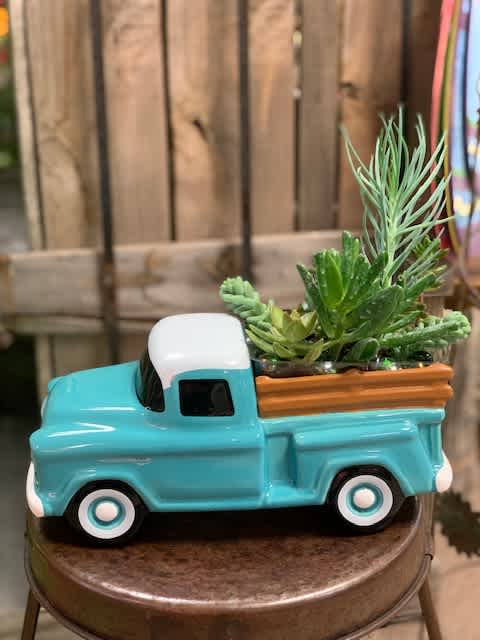 Vintage Truck  - This cute keepsake ceramic vintage truck is filled with a variety of succulents OR in the premium version is filled with fresh flowers.  Succulents may vary based on availability