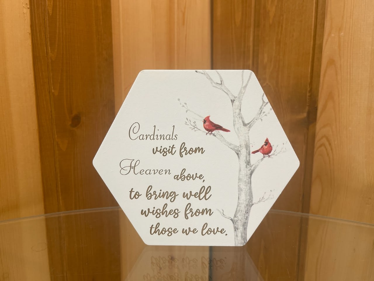 Hexagonal sympathy plaque with cardinals and a memorial message