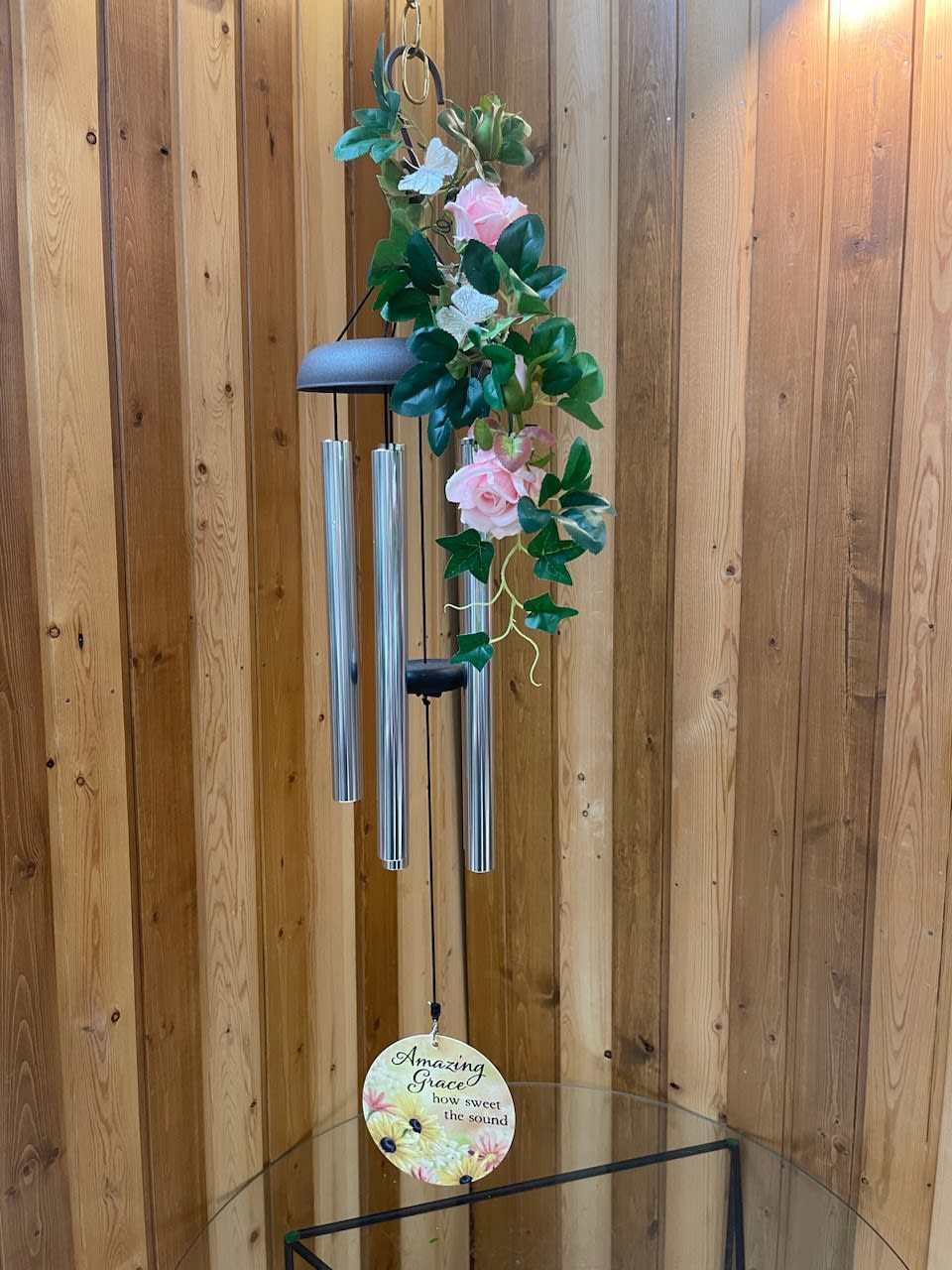 Hanging wind chime with pink roses and green vine accents