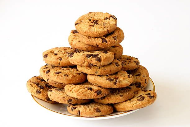 Stack of chocolate chip cookies on a white plate