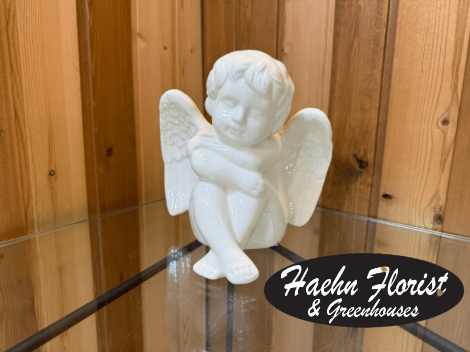 Cherub - A glossy white ceramic angel keepsake sits at the heart of this low, decorative arrangement - the perfect Cherub piece for sympathy, remembrance, or a quiet "thinking of you" moment. The seated porcelain cherub is framed by trailing ivy, clustered white filler blooms and a whisper of lavender organza ribbon to create a calm, reflective vignette that also suits anniversaries, new baby celebrations, or a gentle "I'm sorry" gesture. It reads like a home décor accent as much as a floral tribute, making it equally fitting for seasonal settings from spring and Easter to Christmas and winter memorials.  The arrangement is compact and table-ready, designed to spread softly outward around the angel so it works well on a mantle, bedside table, or reception desk. Details include the white ceramic figurine (approximately 8" tall), glossy finish, mixed green ivy, small white filler flowers, and sheer purple organza ribbon; a clear glass table or tray is recommended for display but not required. Substitutions may occur when seasonal flowers are unavailable; we will match colors and style to preserve the serene look.  Haehn Florist, Greenhouses, &amp; Flower Delivery - 410 Hamilton Rd. Wapakoneta. Follow us on Facebook: www.facebook.com/haehnflorist