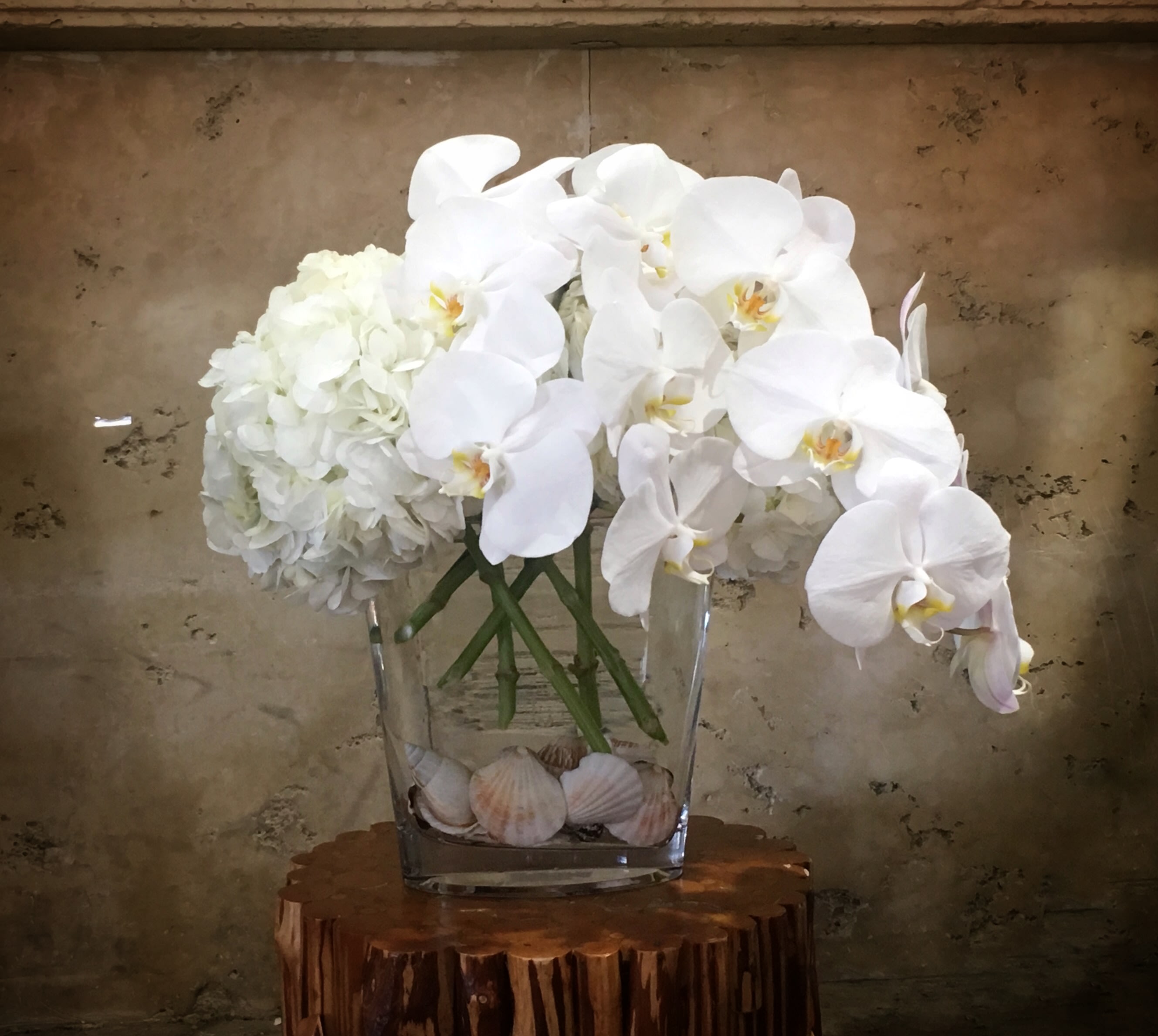 White orchids and hydrangeas in a clear glass vase with seashells