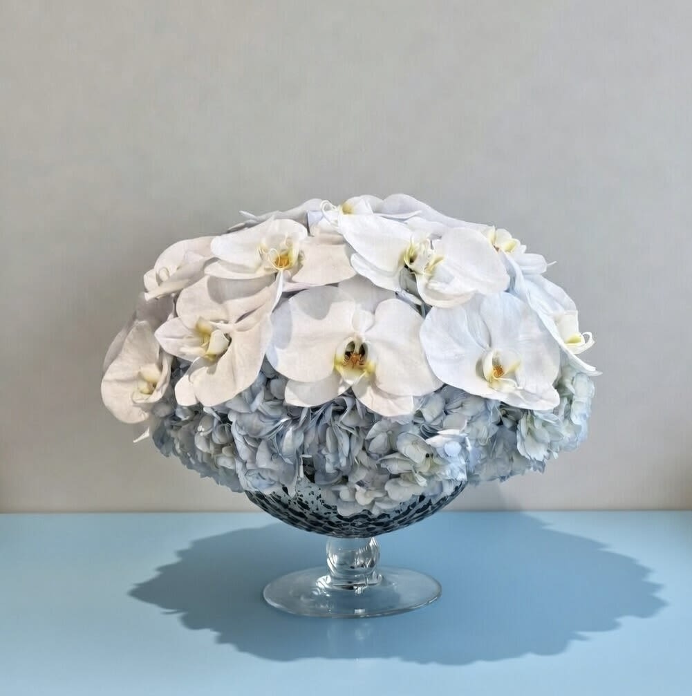 Moonlit - Premium hydrangeas, and Phalaenopsis Orchid in glass vase. 