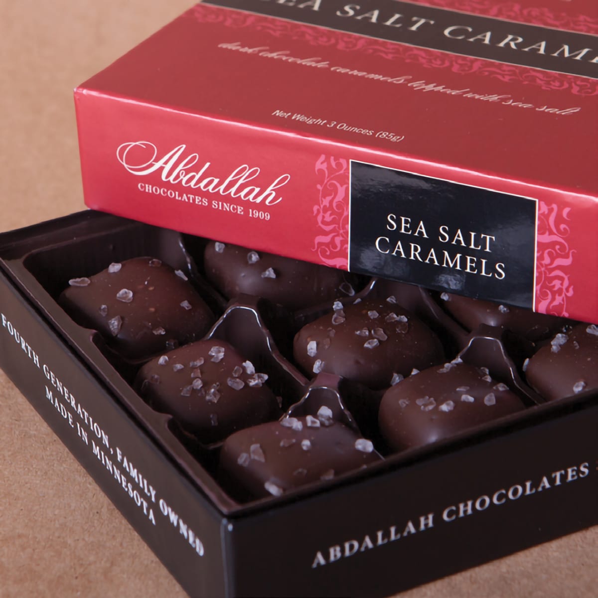 Box of sea salt caramel chocolates in red and black packaging