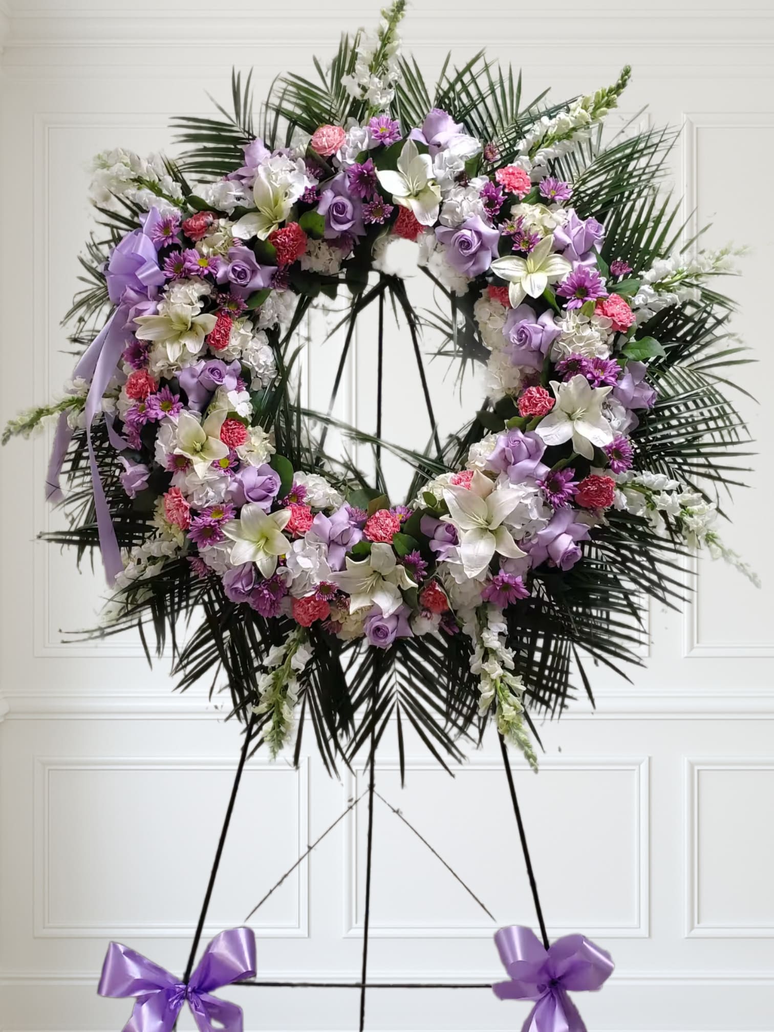 Lavender, pink and white standing Wreath   - Lavender, pink and white Standing Wreath