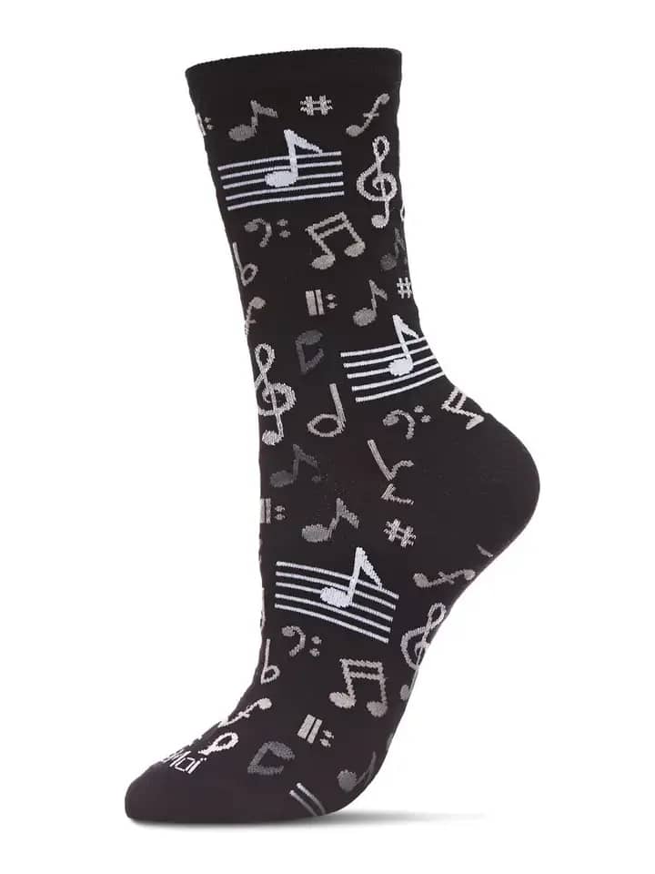 Musical Notes Crew Sock - Our Musical Notes Bamboo Crew Socks will make you have a song in your step, no matter where you go! These white socks are emblazoned with colorful musical notes, staffs, clefs, and rests, and will satisfy sheet music devotees and casual music fans alike.