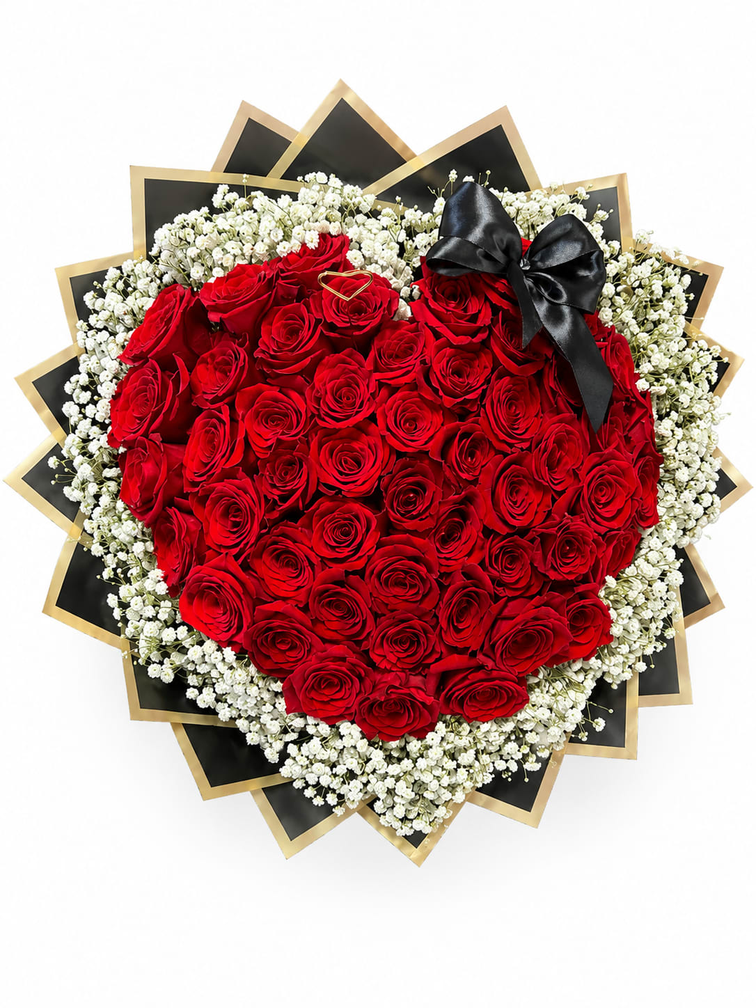 Heart-shaped bouquet of red roses with white baby's breath and a black ribbon