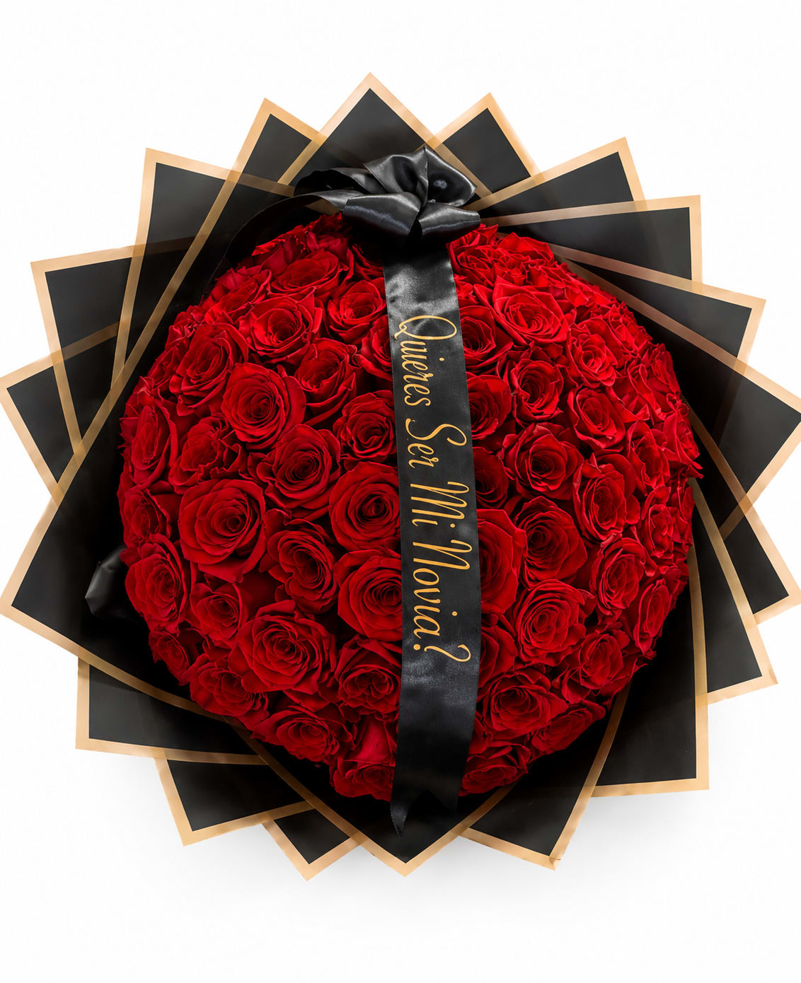 Heart-shaped bouquet of red roses wrapped in black paper with a ribbon