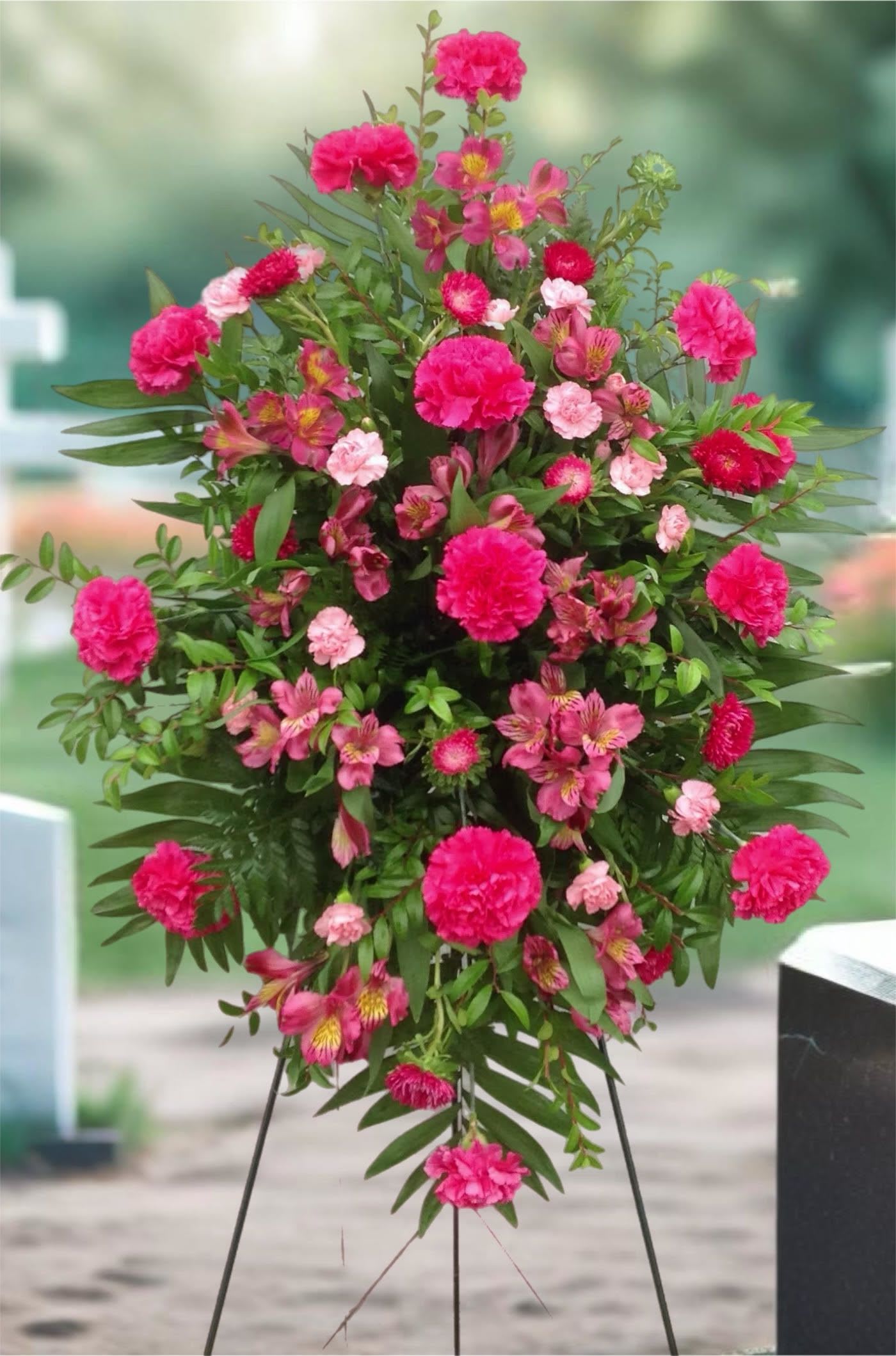 Standing floral spray with bright pink carnations and alstroemeria