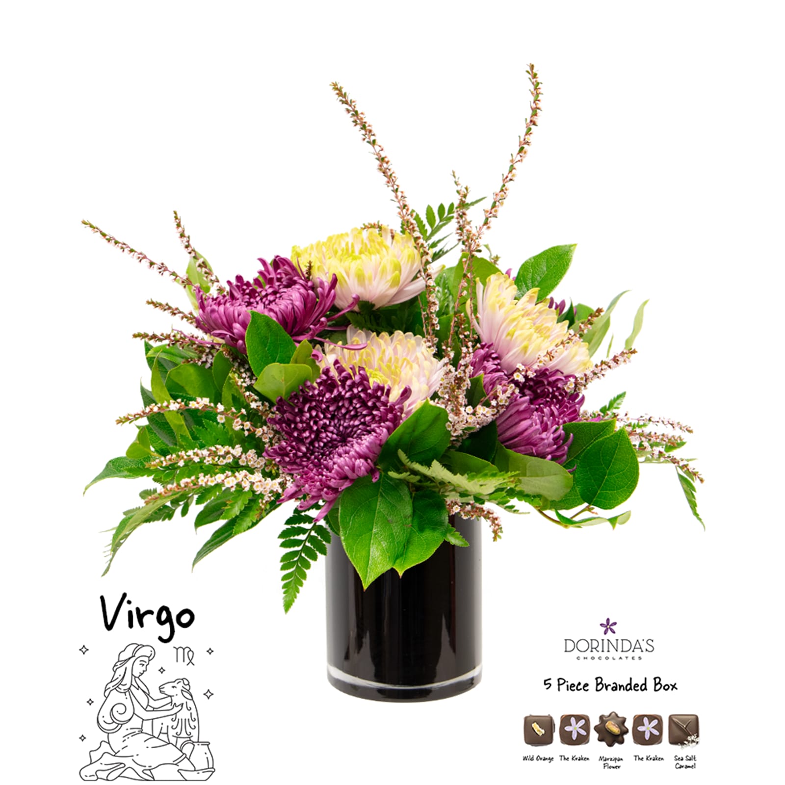 Virgo "Birthday Bundle" - Celebrate your Virgo with this perfectly curated birthday bundle! Each set includes a beautifully arranged small vase with flowers that corresponds to each zodiac's birth flower, a personalized Virgo horoscope card, and a 5-piece assortment of indulgent Dorinda's truffles.