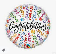 Round balloon with colorful confetti and the word congratulations