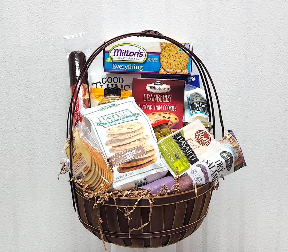 Basket of assorted packaged snacks and crackers