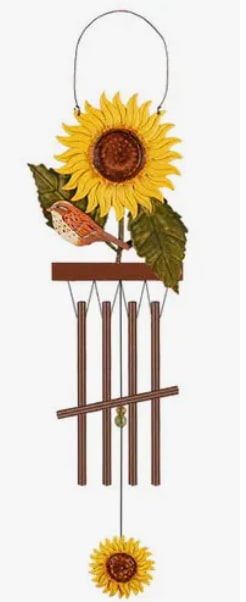 Sunflower wind chime with a small bird and hanging metal tubes