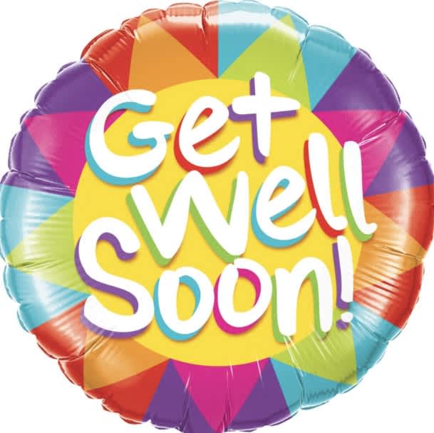 Round multicolor balloon with the words "Get Well Soon!"