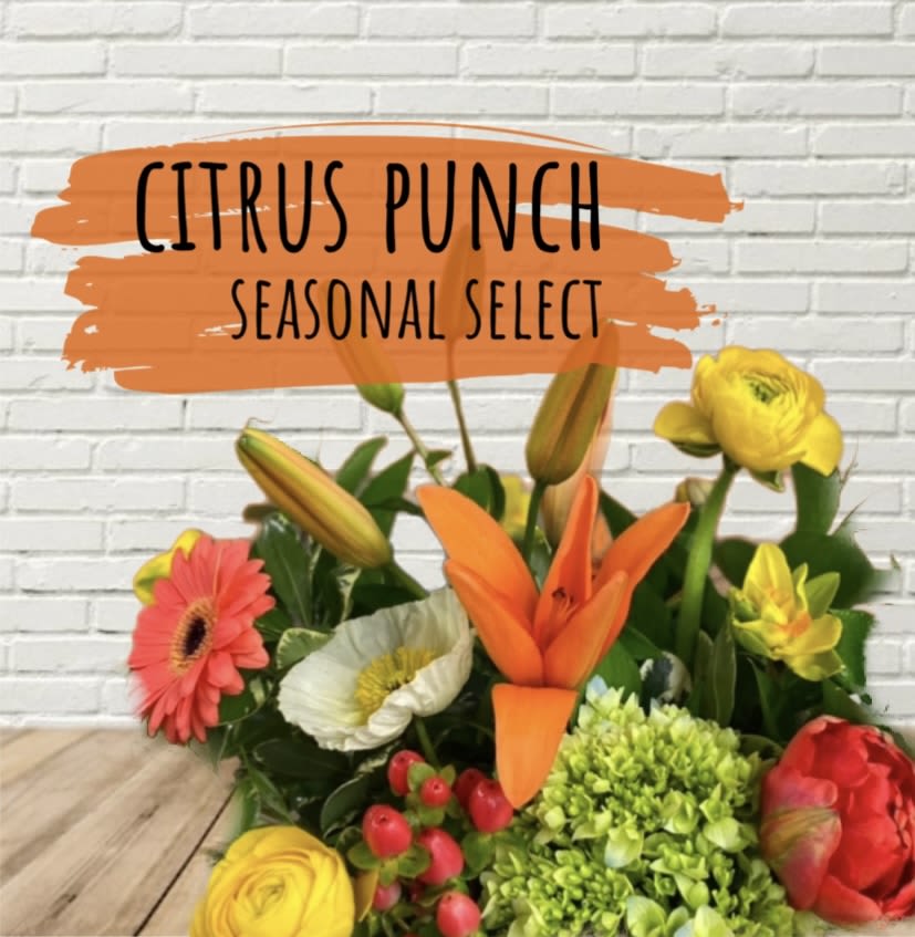 Mixed bouquet with orange, yellow, red, and white flowers
