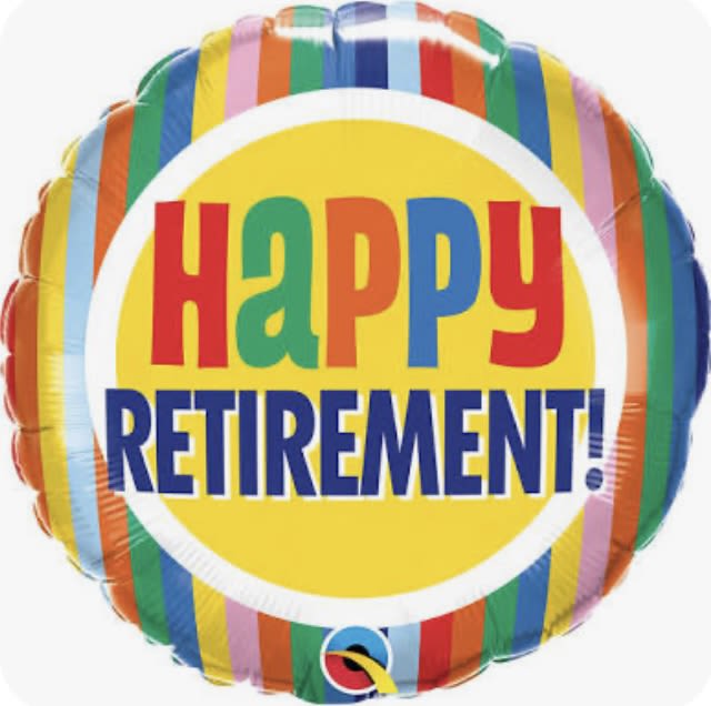 Round multicolor balloon reading "Happy Retirement!"