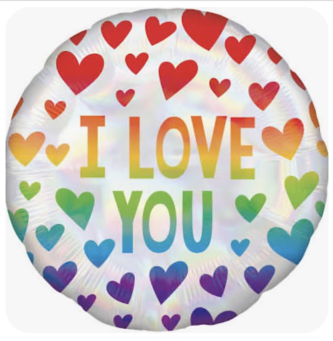 Round foil balloon with hearts and the words I LOVE YOU