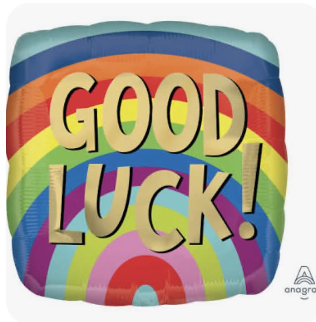 Rainbow balloon with the words GOOD LUCK!