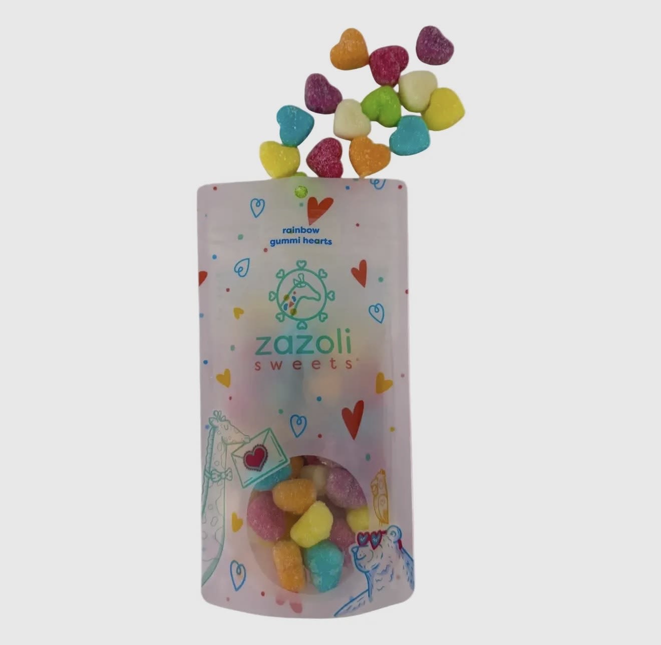 Rainbow Gummi Hearts - These colorful hearts are dusted with sugar for a little extra sweetness. Go ahead and shares 'em with all the special people in your life.  Flavors include: Blue Raspberry, Watermelon, Mango, Green Apple, Orange, Grape &amp; Pineapple.  Available in our NEW exclusive pale pink "love is in the air" zippered pouch!  Net Wt. 4 oz.