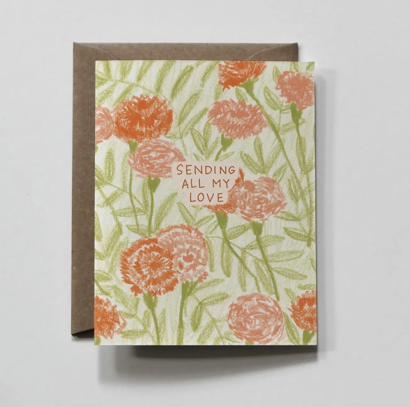 Floral greeting card with orange flowers and the words "Sending All My Love"