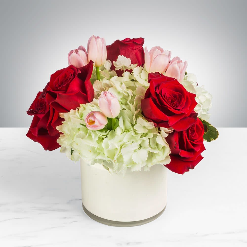 Blossoming Romance  - Blossoming Romance is the perfect gift to wish someone a happy birthday or to say thank you.   Arrangement Details:  This arrangement includes red roses, pink tulips, and white hydrangea in a white cylinder vase. APPROXIMATE DIMENSIONS: 12" H X 11" W