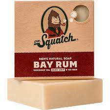 Boxed bar of Dr. Squatch Bay Rum soap on a display block