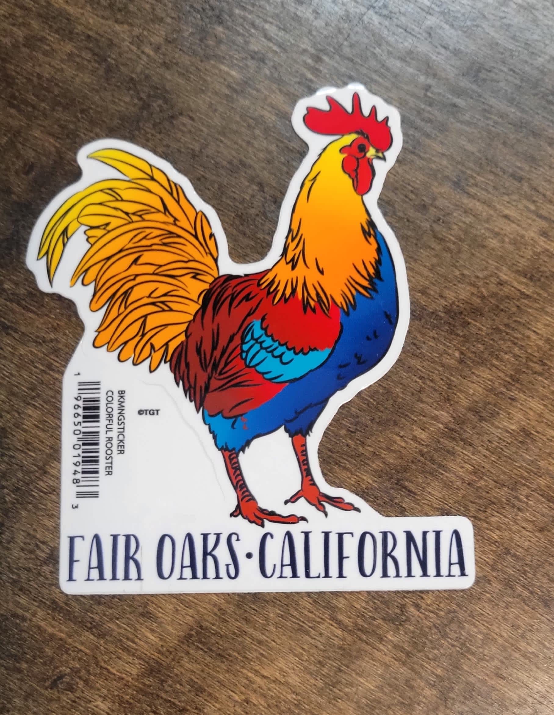 Colorful rooster sticker with the text "Fair Oaks California"