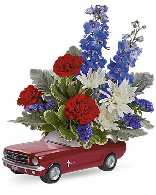 '65 Ford Mustang Bouquet - Celebrate his special day with a true classic! This '65 Ford Mustang in classic poppy red with a bold bouquet is a one-of-a-kind collectible gift he'll always treasure. ***Specify the color scheme of your choice***