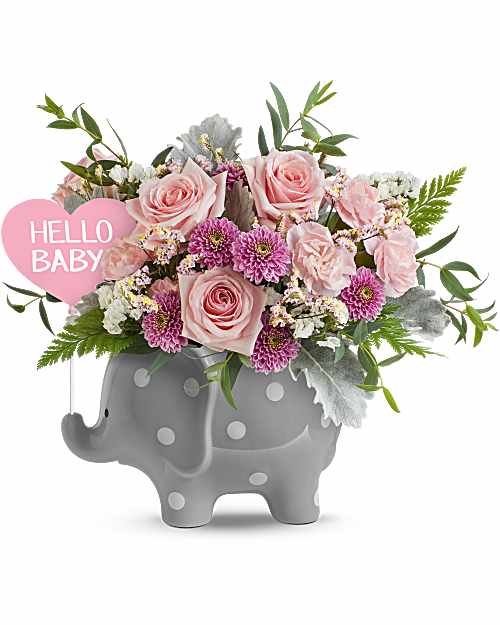 Hello Sweet Baby - Pink - Celebrate a sweet girl's arrival with this precious ceramic elephant, bursting with pink blooms and darling polka dots!   Orientation: One-Sided