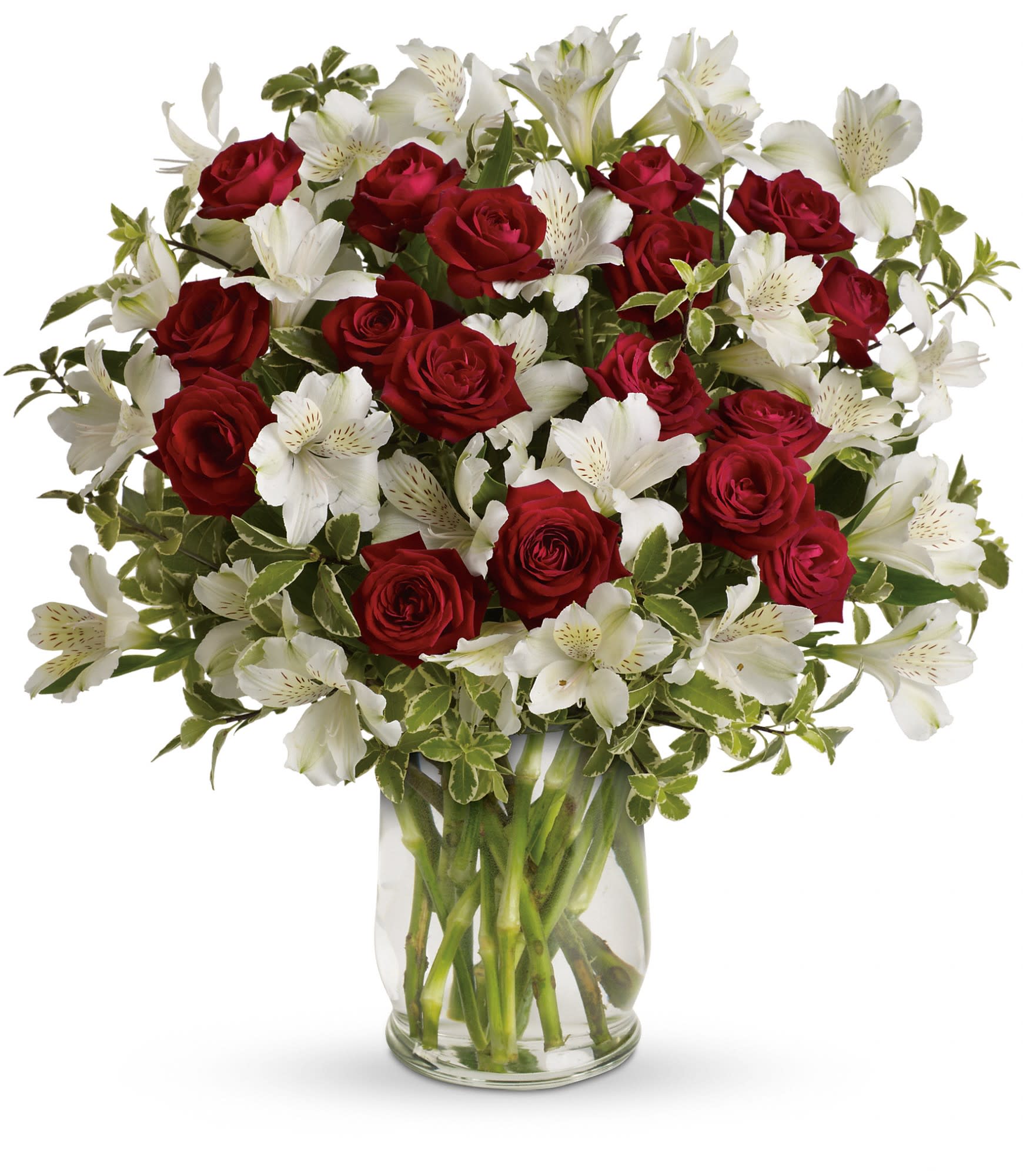 Endless Romance Bouquet by Teleflora - Endless roses, endless romance! Make a statement with our stunning bouquet of red roses with snowy white blossoms, delivered in a glass hurricane vase that will forever remind her of your love.
