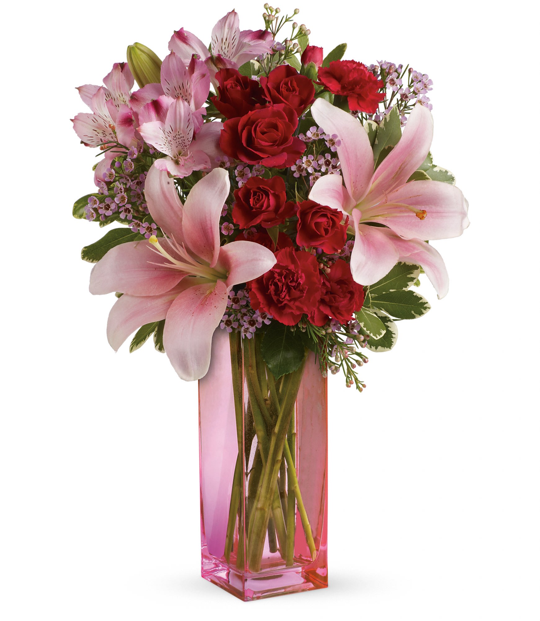 Teleflora's Hold Me Close Bouquet - It's a statement she'll always hold close to her heart-lovely lilies and radiant roses that speak to your love and devotion. Arranged lovingly into a pink glass vase, this is a bouquet that brightens any day. 