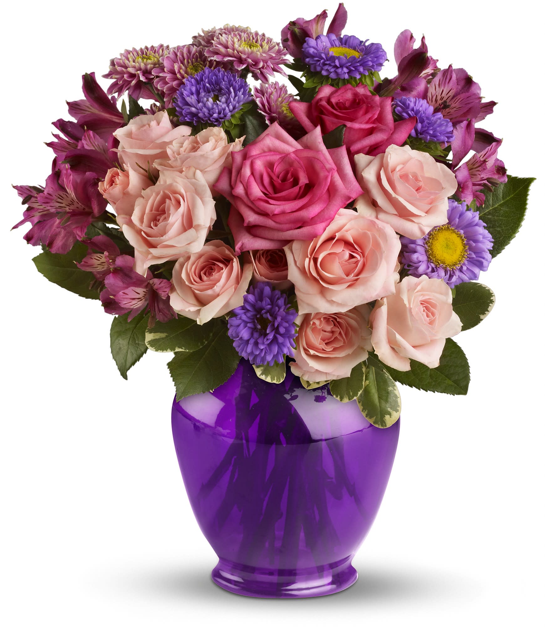 Pink roses and purple daisies in a purple vase