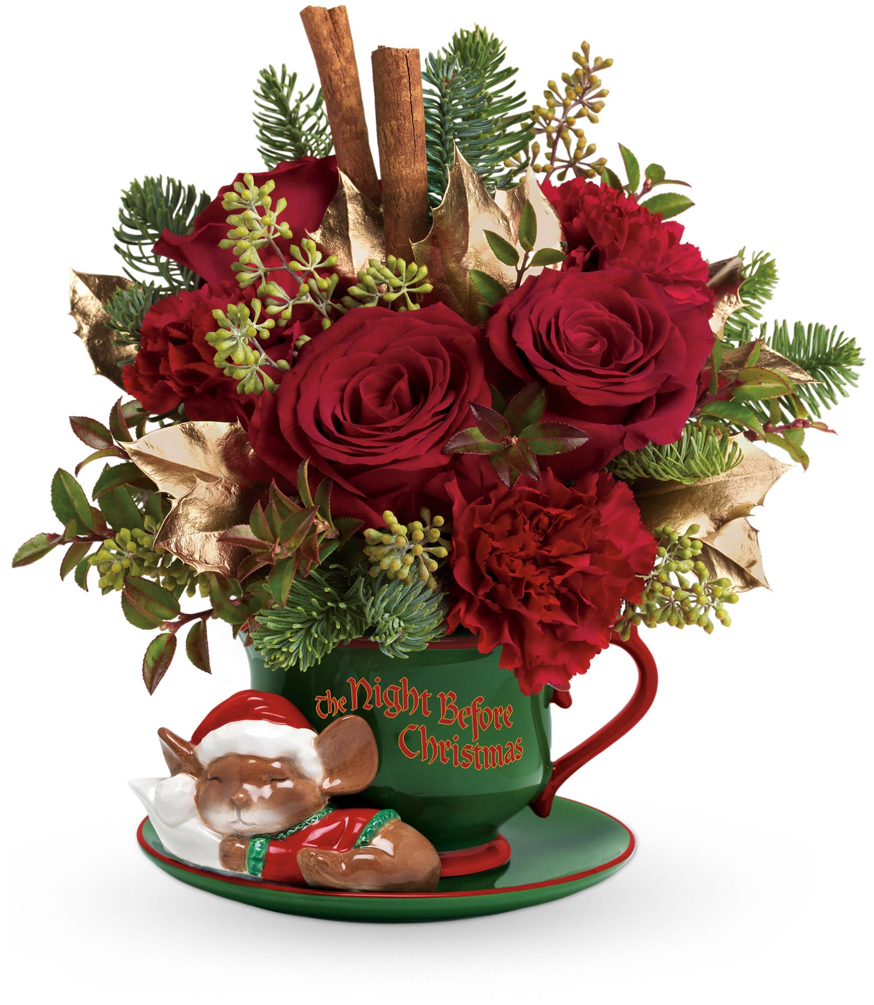 Teleflora's Send a Hug Night Before Christmas - Red roses, carnations and huckleberry are accented with eucalyptus and tips of noble fir and holly. Delivered in a Night Before Christmas keepsake teacup accented with a sweet sleeping mouse. Approximately 10" W x 10 1/2" H.  T12X500A