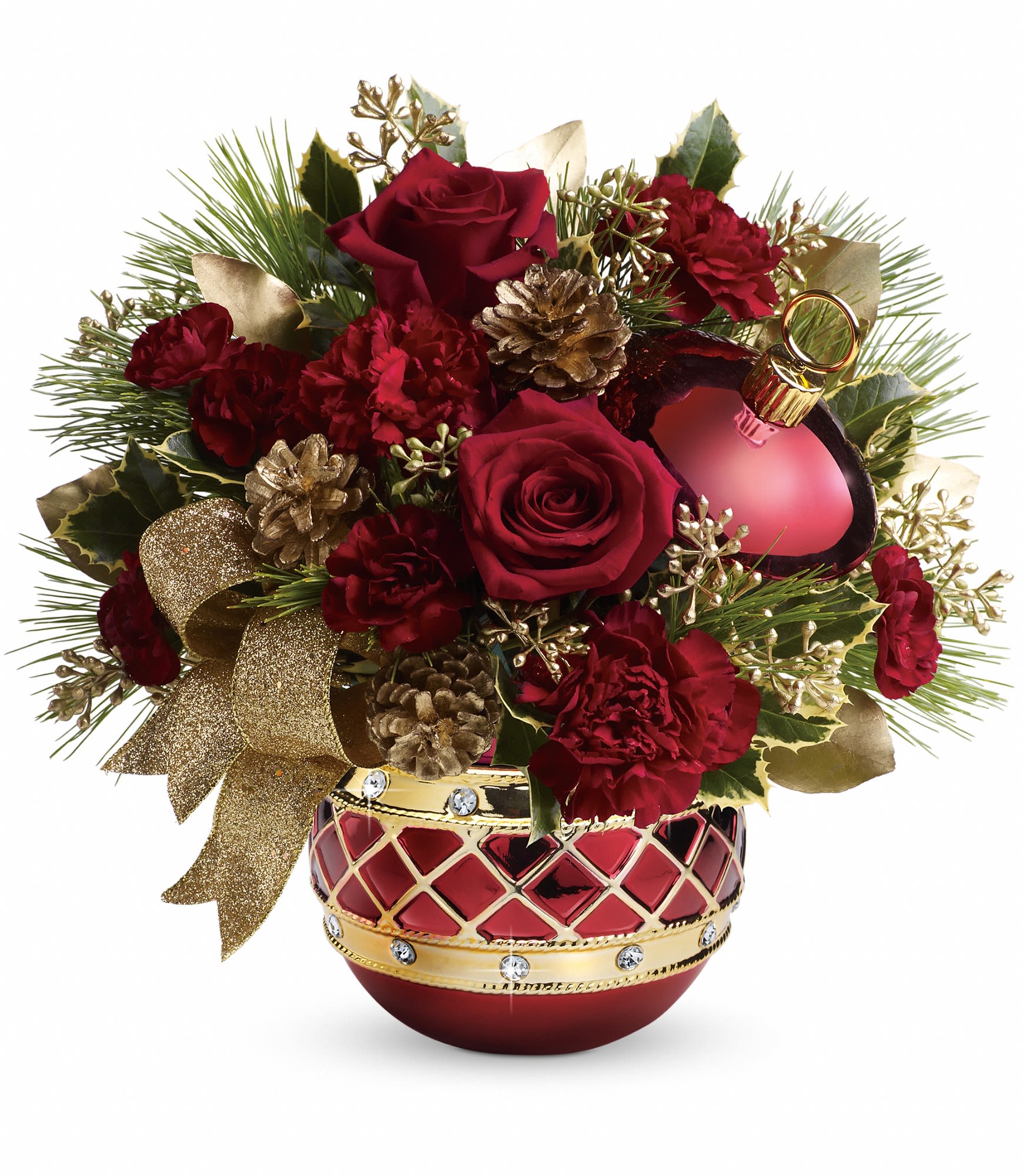 Teleflora's Jeweled Ornament Bouquet - Includes red roses, maroon carnations, miniature maroon carnations, variegated holly, white pine, seeded eucalyptus, golden pinecones and shimmering gold ribbon. Delivered in an exclusive Jeweled Ornament vase. Approximately 13 1/2" W x 13" H. T13X500A