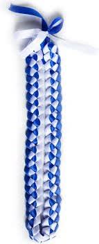 Blue and White Ribbon Lei - Celebrate the graduate in your life with this keepsake graduation ribbon lei. This braided lei is handcrafted with BYU blue and white high quality ribbon. The folding length is 24 inches, and the total length is 48 inches, which is suitable for most Graduates. The ribbon has a certain elasticity and can be stretched and adjusted.