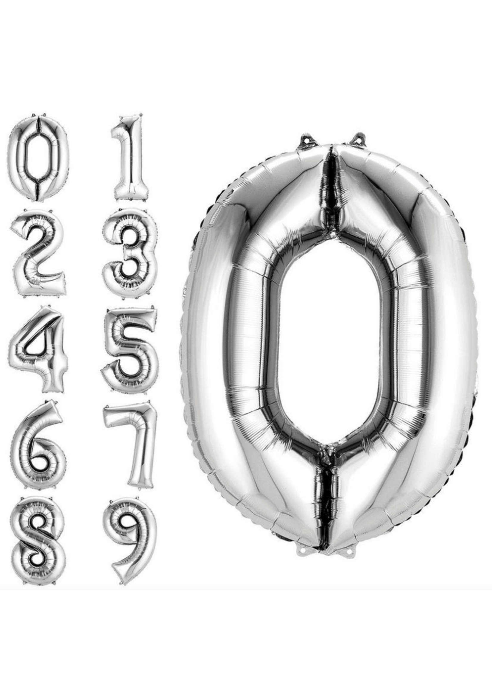 Silver number balloons from 0 to 9, with a large 0 balloon shown
